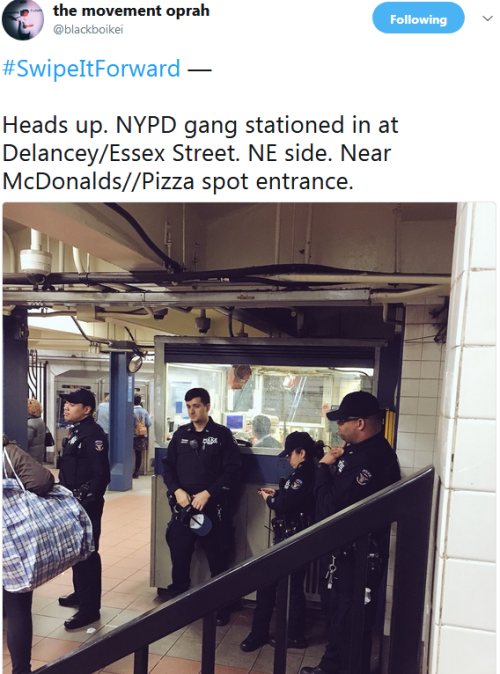 fuckboyizm:  candyhatestumbler:  cardozzza:  niggazinmoscow: New yorkers with unlimited metrocards: please #SwipeItForward  when you exit the station. Low income people of color are targeted by  police for asking for swipes. But it is entirely LEGAL for