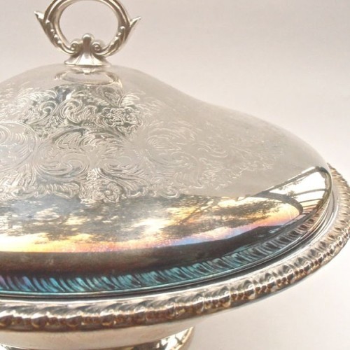 Elegant three-piece fancy casserole serving silver-plated vintage covered dish by Simeon and Rogers 