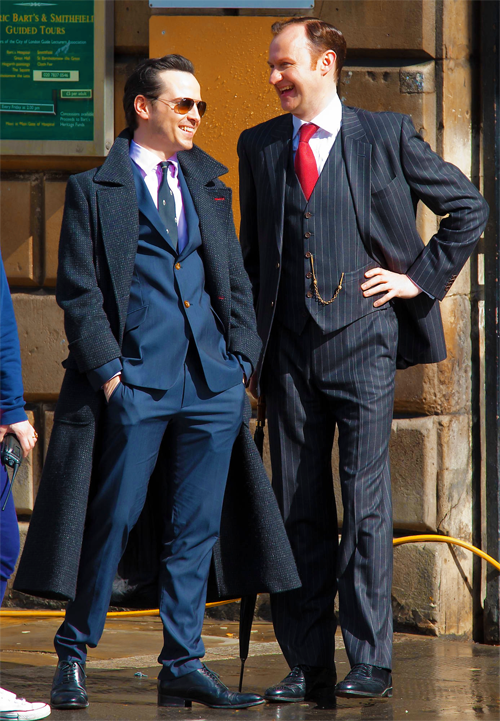 weholls:  Mark and Andrew on the set of Sherlock looking incredibly dapper (click
