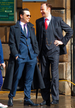 weholls:  Mark and Andrew on the set of Sherlock looking incredibly dapper (click for HQ)  ANDREW.