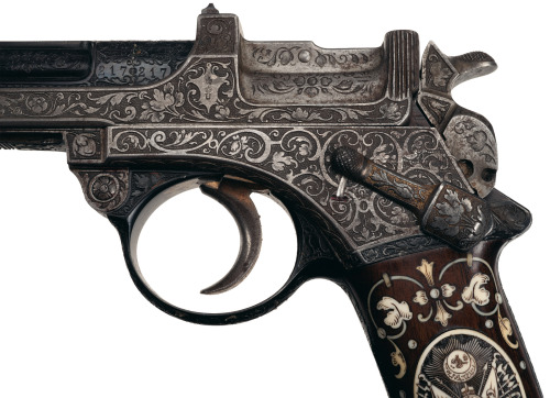 A cased and engraved Mannlicher Model 1901 semi-automatic pistol owned by Ottoman Sultan Abdulhamid 