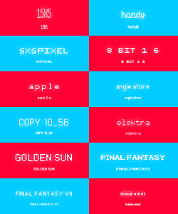 sephxual:  Pixel Fonts (almost all that I have installed) :feat. cutie size ↴ 15x5 | handy | 8-bit-1-6 | 5x5 Pixel | apple | angie atore | copy 10 56 | elektra | golden sun | final-fantasy | final fantasy vii | minipower | press start 2p | puke force