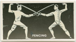 modernfencing: [ID: a stylized drawing of two fencers engaging, probably with foils.] A cigarette card from 1938! 