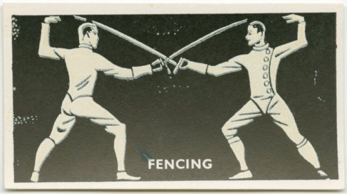 [ID: a stylized drawing of two fencers engaging, probably with foils.]A cigarette card from 1938!