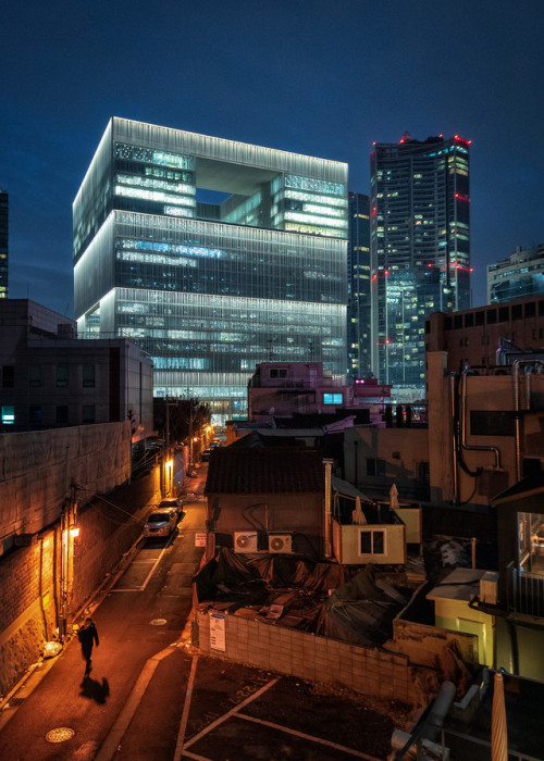 Old and new: the landmark AmorePacific headquarters in Sinyongsan, taken from the roof of Boiling Po