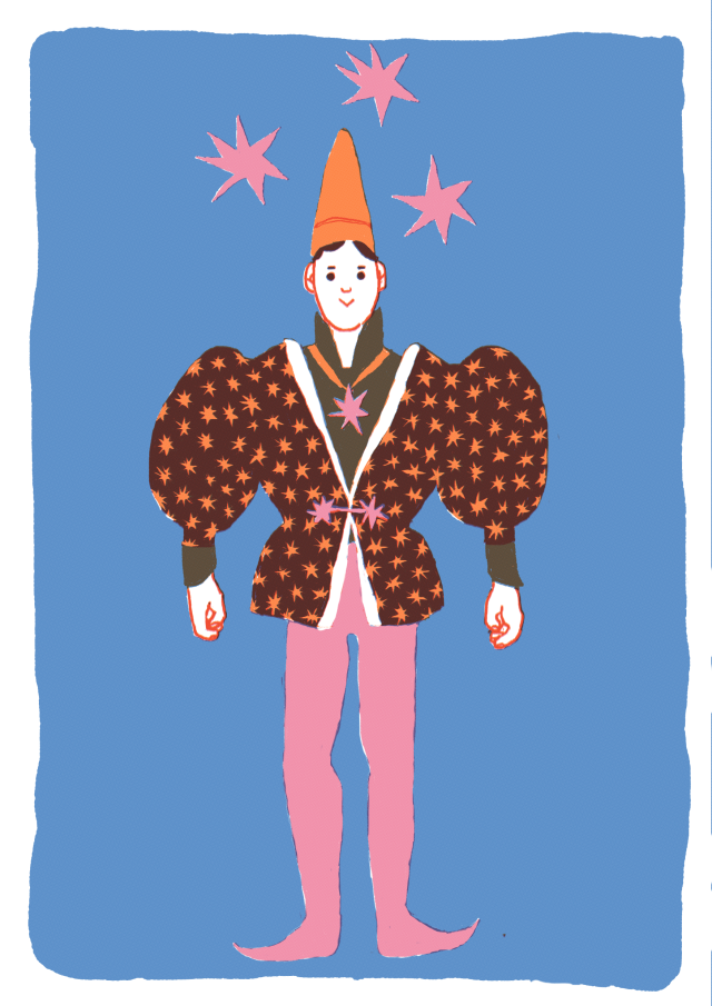 digital art of a figure wearing a coat with big poofy sleeves and a star pattern, a pointy hat, and pink hose