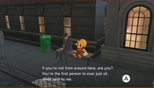 tct-psychoticnekomata: crabapplesmcgee: Ok but in super Mario Odyssey you can get one of the main collectables just by sitting next to a sad guy and I love that more than I should  (Also sorry for low quality pics)  Mario, you beautiful hero… never