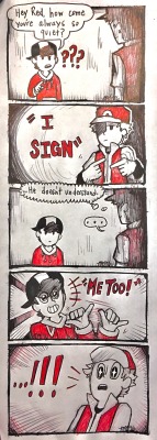 pk-freezer-burnt: Inktober 2016 Day 7 - I always had this headcanon… Red signs and so does Gold 😎 this is the cutest dang thing thank you so much for drawing it!!