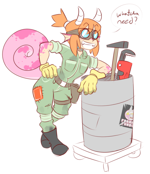 theycallhimcake:  Oh, ye, I doodled this yesterday after Maddie suggested I make my own Drach, her race of dragon-peeps. So, I made a tinkerer who, while being adept in magic, pretty much ignores it for grease and sprockets. Getting back into drawing,