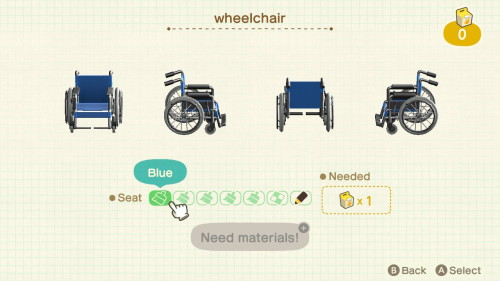 Item: wheelchair# of customizations: 6Customization names: blue, red plaid, green plaid, beige, colo