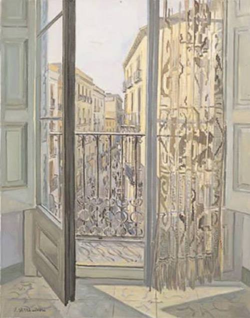 Balcó i cortina (Balcony and Curtain)   -  Josep Serra LlimonaCatalan.b.1937- oil on canvas, 92 × 73