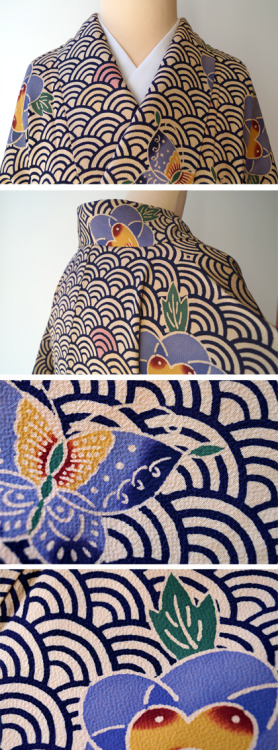 Full katazome kimono with seigaiha (waves), butterflies and camellia motifs (seen on)