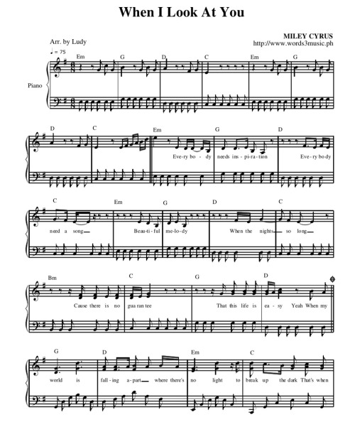 welovepianoforever:When I look at you ~ Miley Cyrus (Piano sheet) -> also from the last song