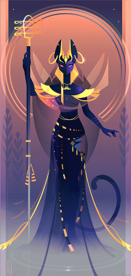 yliade-illustrations:  Oracle card game project about the Egyptian Gods &amp; Godesses / Drawn by me on Adobe Ilustrator. Part IIBastet, Sekhmet, Nut, Osiris, Bennu, Anubis, MaatAll rights reserved. Please don’t use or edit my work in any way without