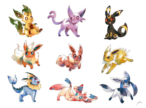 bluekomadori:  Eeveelutions So I promised looooooong time ago that I’ll make eeveelutions’ watercolors and finally I finished them :’D haha I recorded how I’ve drawn flareon [link] , espeon [link] and leafeon [link] 