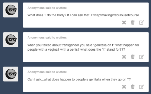 ok i’m gonna tell ya t stands for testosterone, so obviously when i talk about t in the context of transgender i’m mostly referring to trans men or afab (assigned female at birth) genderqueer people who wish to transition fully or partially