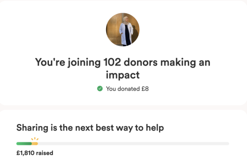 a screenshot from gofundme with a picture of a young woman (renad) and text that reads: “you’re joining 103 donors making an impact. you donated £8. sharing is the next best way to help. £1,810 raised.