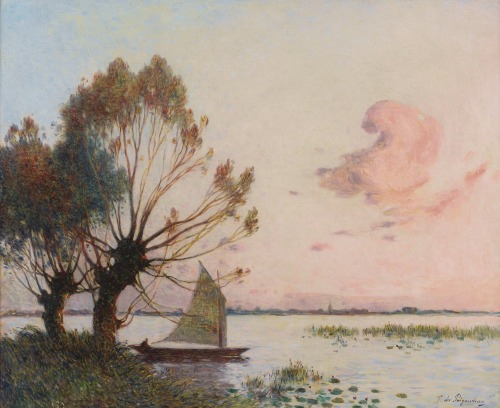 ferdinand du puigaudeau, menhir & sailing ship on the marsh of la grande brière (britanny, franc