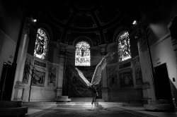 veiuse-ruiein:  Lucifer (Morning Star) by Paul Fryer(Installation in the Holy Church in Marylebone, 2008. Anodised aluminium, silicon, rubber cord, wax work figure, feathers/aluminium, concrete.) 