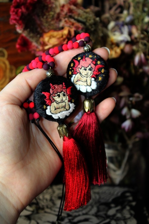 Gloomy little devils embroidered necklaces by Petrichor