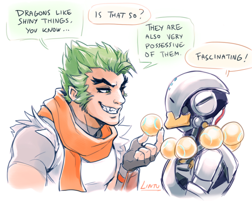 lintufriikki:   Day 4: AU Genji is a shapeshifting dragon, and Zenyatta is amazed by his sharp teeth and shiny scales 🐉✨ 