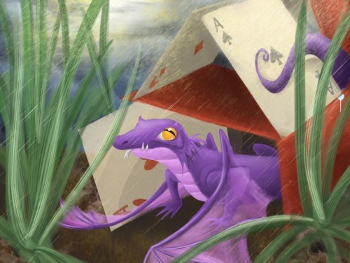 astandsforawesome:Smol lil dragon takes shelter from the rain in a house of cards.