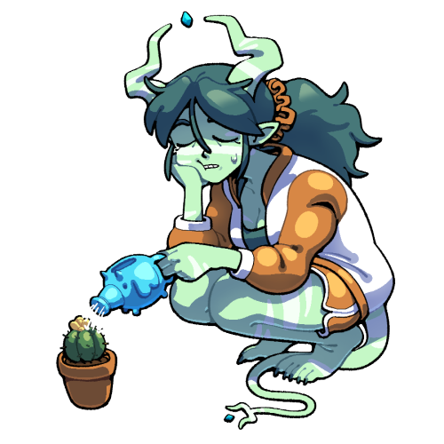 A tired, green and white striped demon girl in an orange track suit sits in a squat beside a potted cactus, watering it from an elephant watering can.