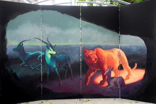 This is a large painting on a folding screen, made of 4 canvases hinged together.  The narrative is 