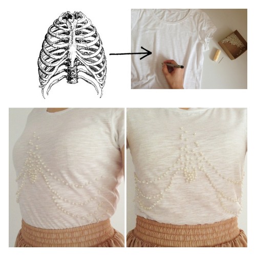 DIY Pearl Beaded Ribcage Tee Shirt Tutorial from Urban Beings here. Not hard but time consuming. For