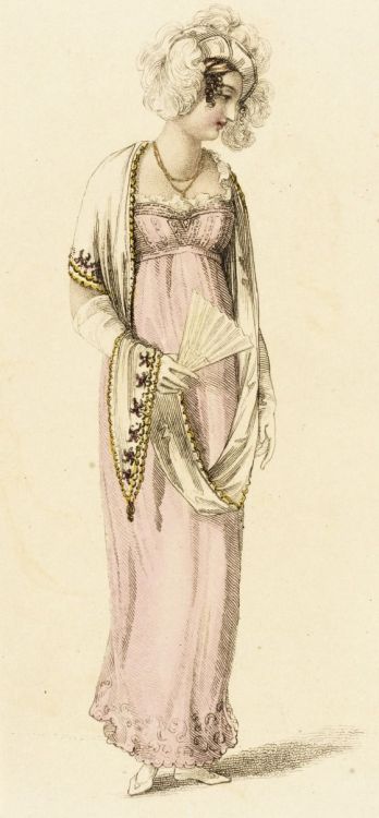 1810 Pale Pink Half Dress. Empire style gown, shawl, fan. Fashion Plate (Half Dress).