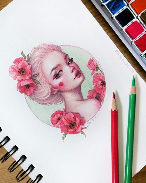 New spring-inspired watercolor & colored pencil portrait to finish this 3 part series  I just li