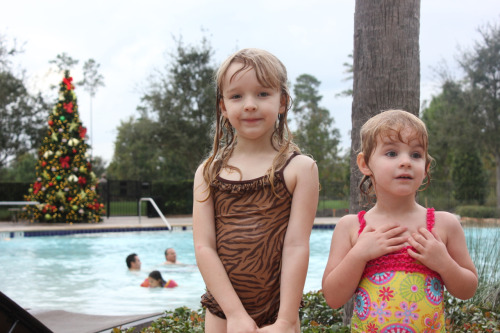 Happy Holidays from Florida!
We took the girls to Orlando this weekend, and the high yesterday was 82 degrees. The resort pool was heated, so we spent the entire afternoon and evening swimming! I will post the rest of our photos, and a review on ICE...