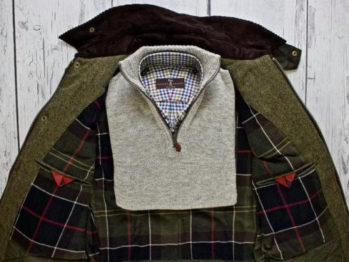 Fall fashion lay down for your Wednesday:~ Olive waxed cotton with tweed trim Jacket by Barbour~ Gra