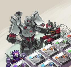 breadsy:  I got emperorshark for the tformersgiftexchange2014, so I did megs trying to shop for soundwave! Threw in the twins too, because I figured they might be recruited for such a task. 