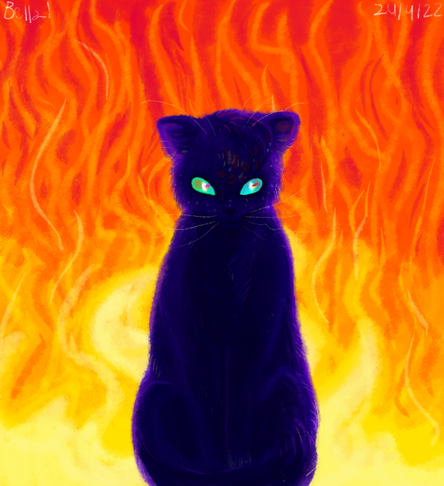 A black cat with a few white speckles, sitting with his tail around his paws and his head down. There is a gigantic blazing fire behind him and it reflects on his eyes, shining as they look towards the viewer.