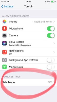 lost-lil-kitty: Hey guys! Tumblr is automatically putting safe mode back on for some people which means you won’t see any sensitive content (basically all the fun stuff), so you need to go into YOUR PHONE SETTINGS to turn it off again. It should look