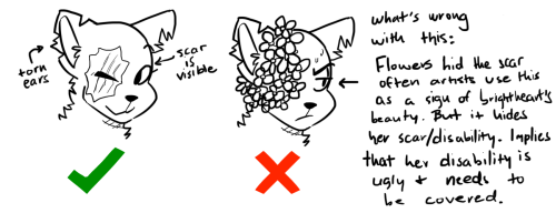 snowboxes:  demonclaw:   For the image on the right it says: “What’s wrong with this: Flowers hide the scar. Often artists use this as a sign of brightheart’s beauty. But it hides her scar/disability. Implies that her disability is ugly and needs
