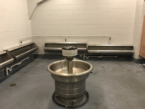 Trough urinals in football stadium men’s room at Cornell University
