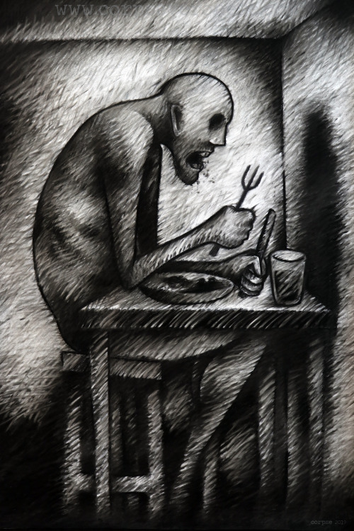 Eating 2019Willow, Conte, Compressed charcoal, Gesso, Paper