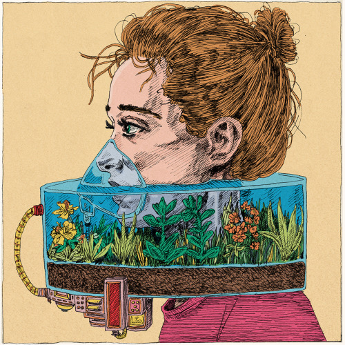itscolossal:  Face Masks Hold Fish Tanks and Overgrown Patches of Botanics in Surreal Illustrations by Kit Layfield