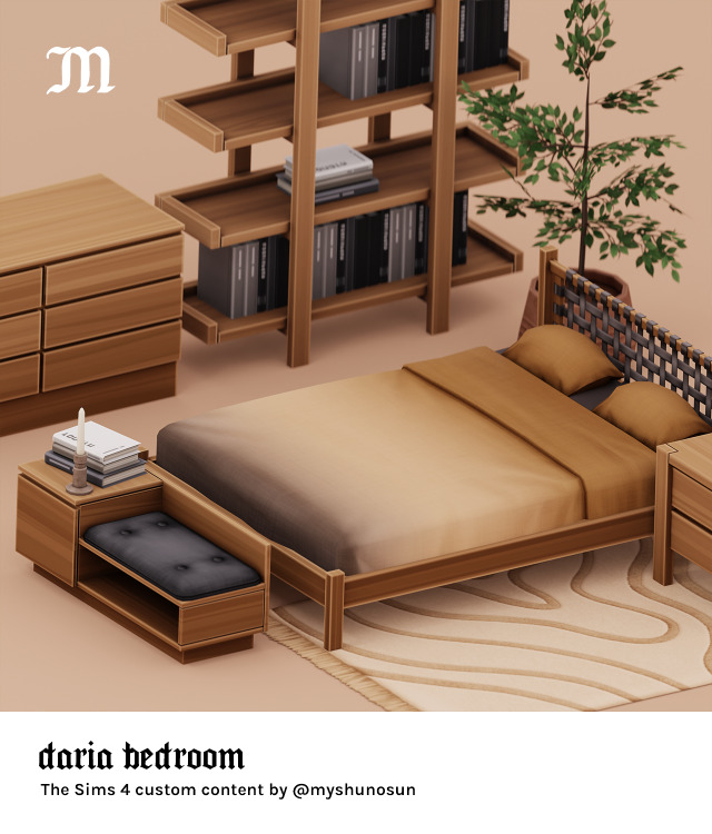 Daria Bedroom, a custom content set with 11 bedroom items for The Sims 4. Created by myshunosun.