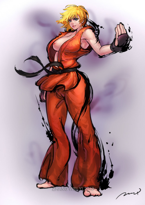 Female Ken Masters flashing her boob.