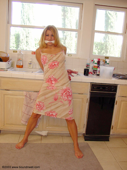 graybandanna:  Captured in her kitchen, her failed escape attempts got her put in a hogtie. 