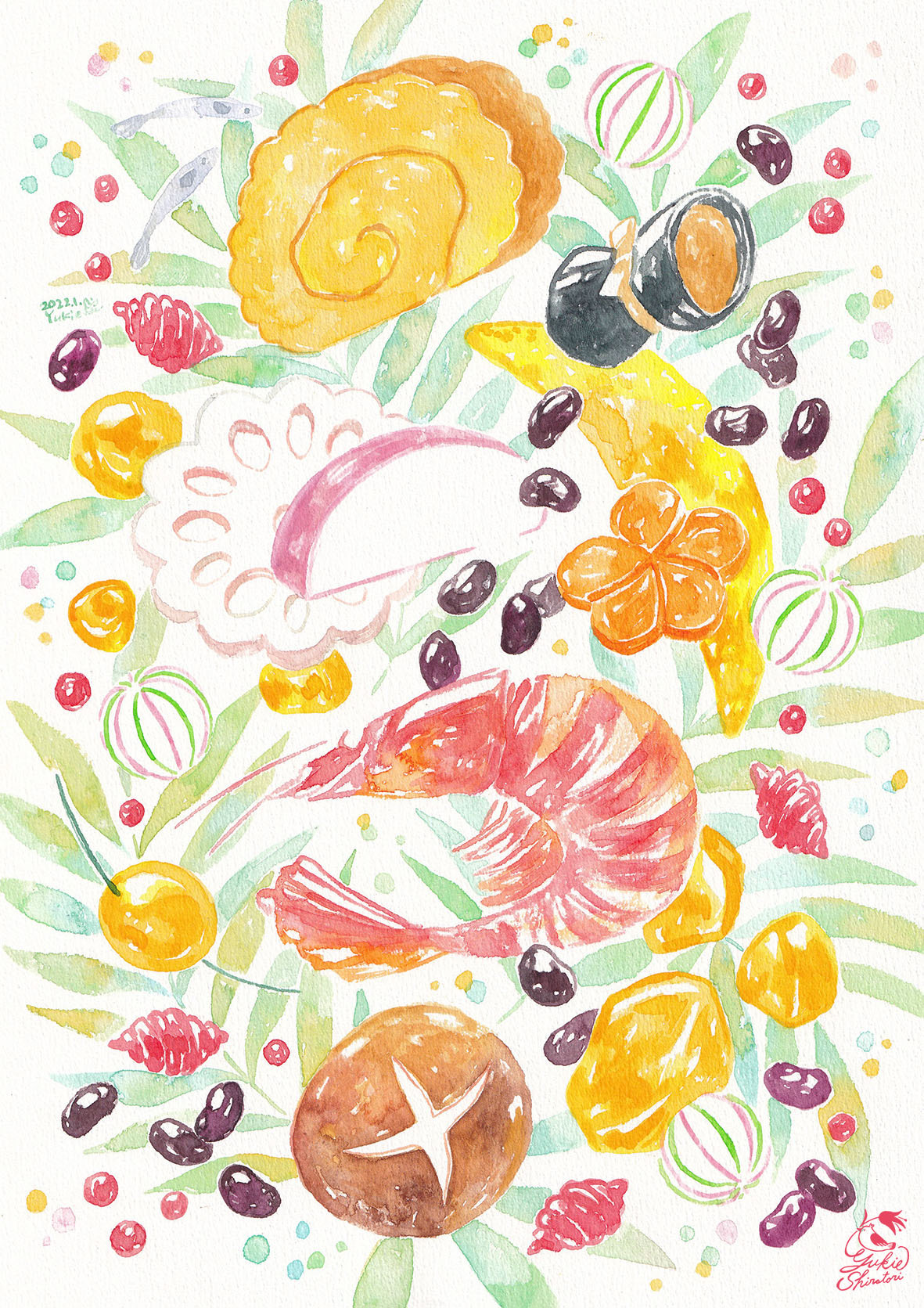 食べ物 食べ物イラスト 水彩 アナログイラスト Illustration Illust Watercolor お節 制作画材 透明水彩 制作 21年 Yukie Shiratori Portfolio