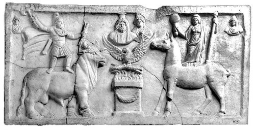 Votive relief from the Dolichenum on the Aventine Hill (Rome) with Jupiter Dolichenus, Juno Regina, 