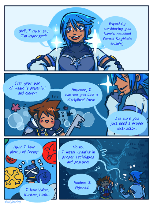 sicklydoodles:   she’s glad he turned out to be such a good kid after all. a celebratory “new game is finally happening” comic: AU where Ansem the Wise’s machine at the end of KH2 somehow released my girl aqua from the Realm of Darkness and she