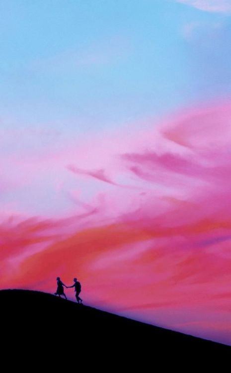 Couple, walking over mountain, sunset, silhouette, 950x1534 wallpaper @wallpapersmug : bit.ly