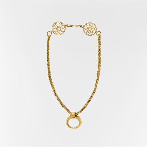 via-appia:Gold necklace with crescent-shaped pendant. Popular style throughout the Empire. This spec