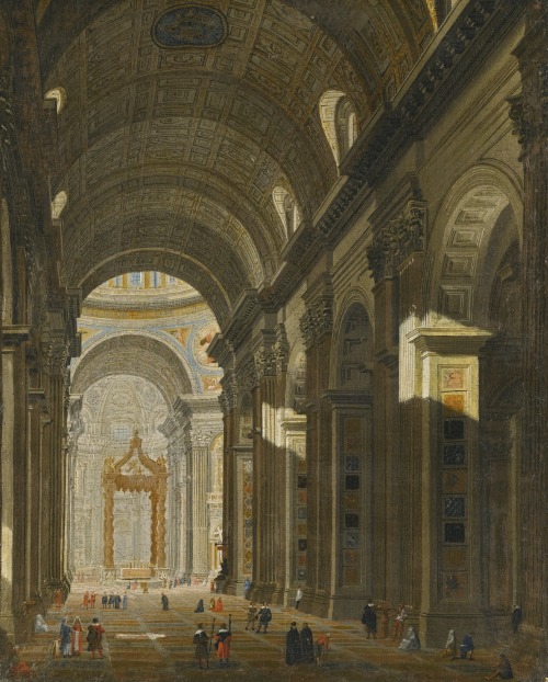 laclefdescoeurs:  Rome, The Interior of Saint Peter’s, Looking West towards the Tomb of Saint Peter and the Baldacchino, with Pilgrims and Other Figures in the Nave, Roman School, 18th Century 
