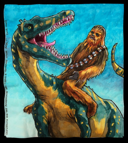 alverdewolffe:  laughingsquid: Napkin Drawings of ‘Star Wars’ Characters Riding on Dinosaurs karlika This seemed very relevant to your interests. 